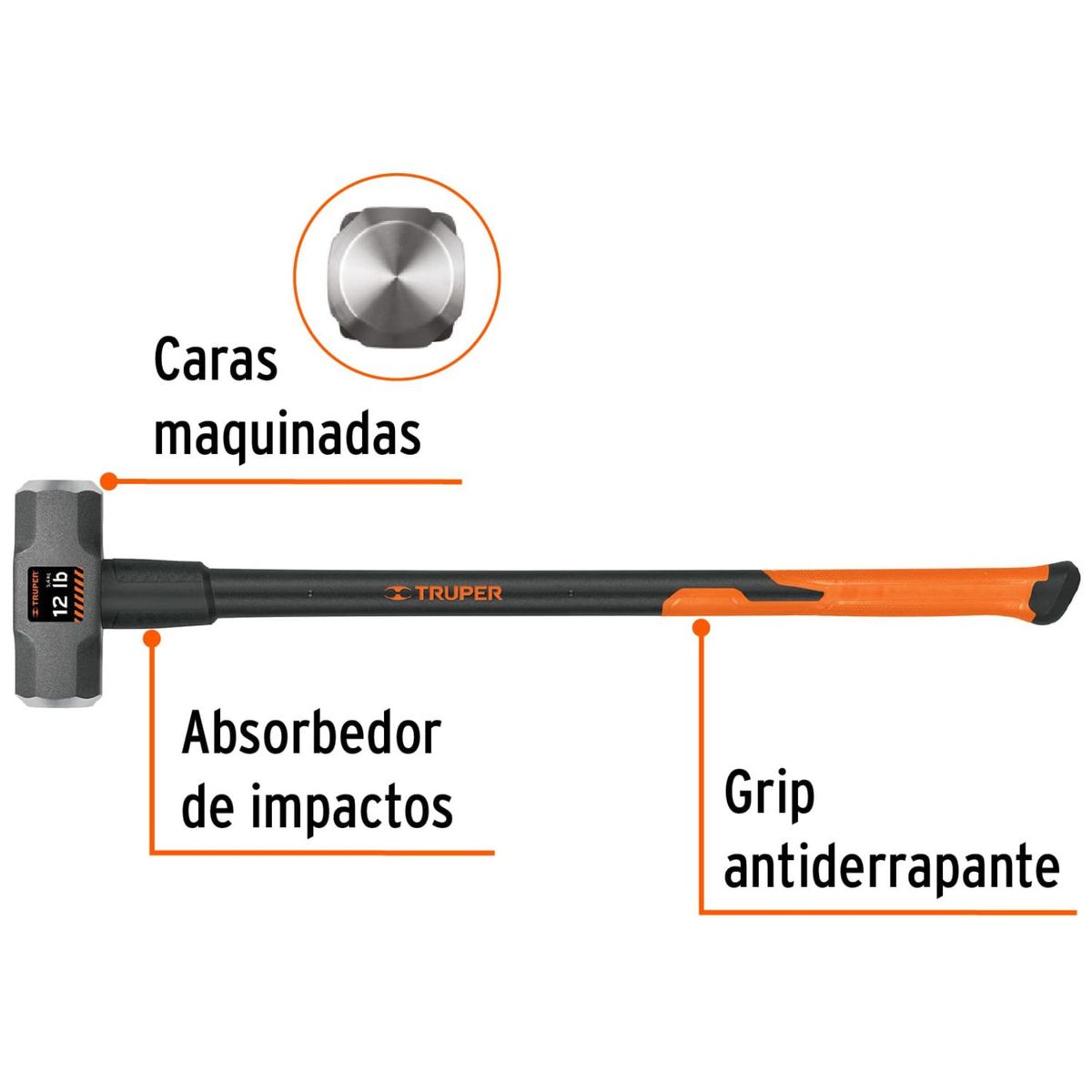 Truper - Comba 12 lb octagonal, mango fibra de vidrio 36", Truper