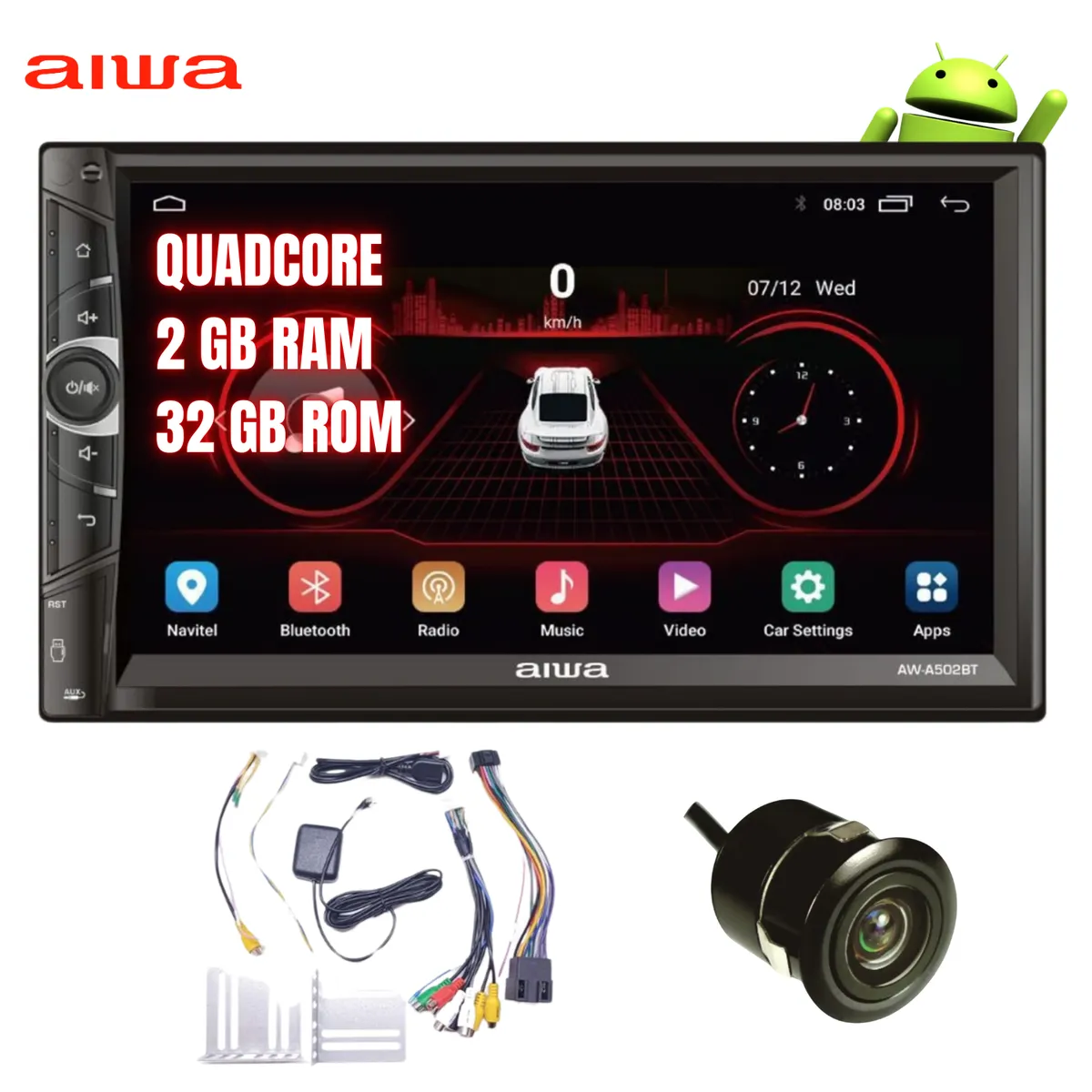 AIWA - Autoradio Aiwa Android 2GB RAM + 32GB 2 Din 7" HD BT GPS AW-A502BT