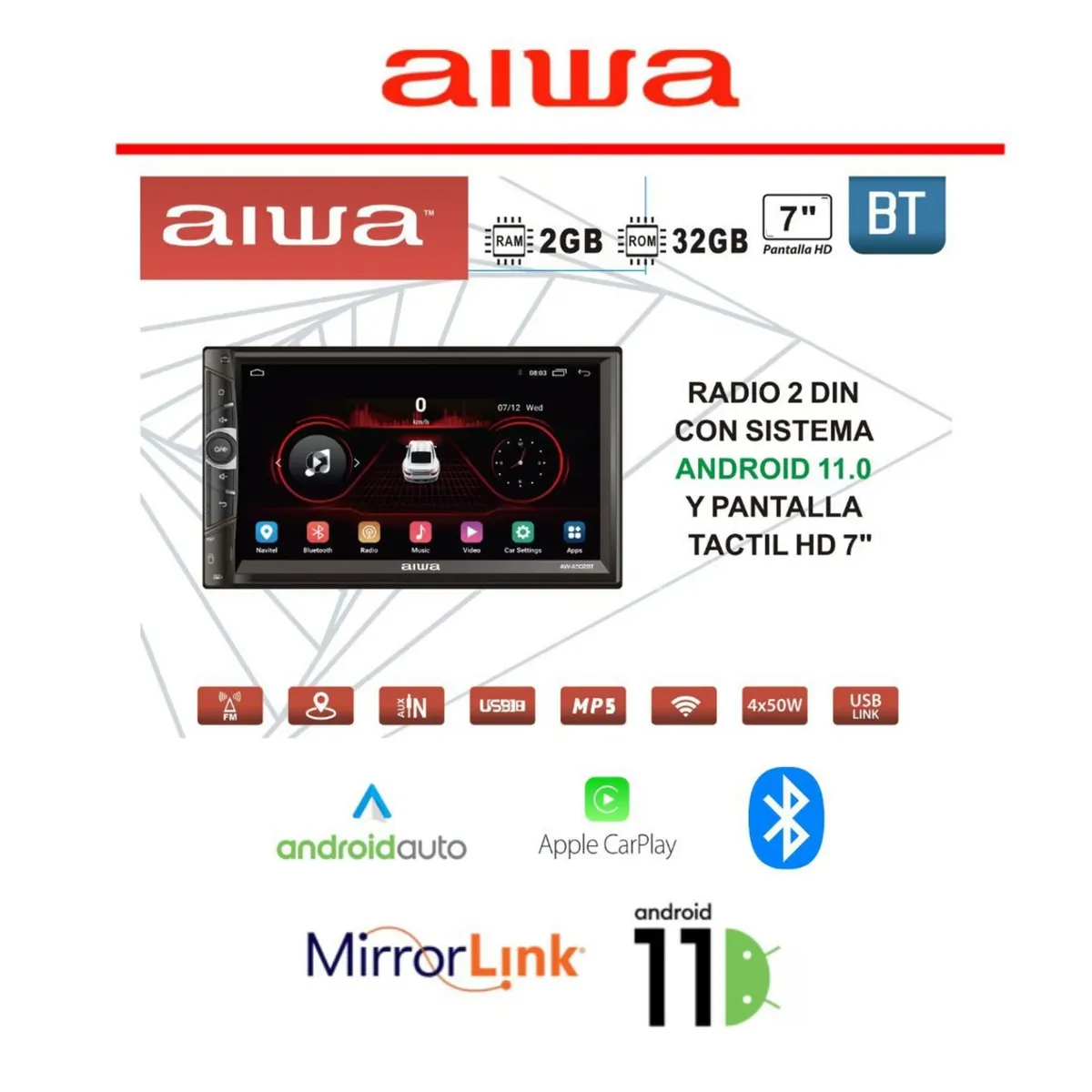 AIWA - Autoradio Aiwa Android 2GB RAM + 32GB 2 Din 7" HD BT GPS AW-A502BT