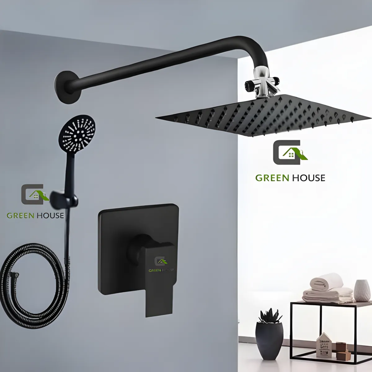 GREEN HOUSE - KIT DUCHA ESPAÑOLA DE ACERO 20CM + MEZCLADORA DUCHA + DUCHA TELEFONO