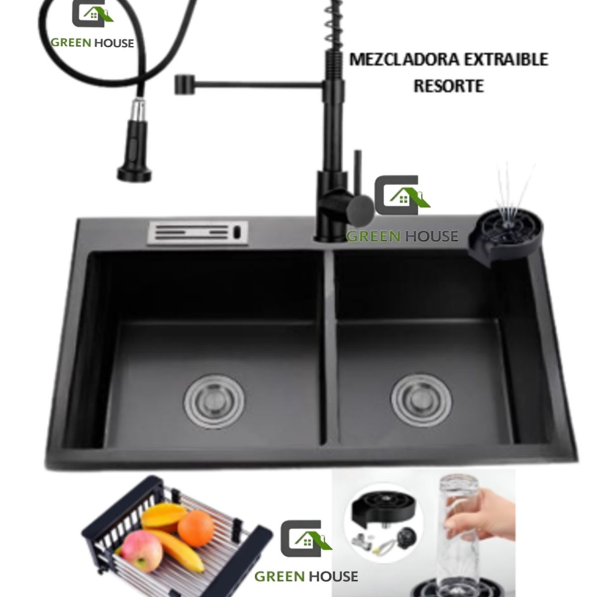 IMPORTADO MC - COMBO LAVADERO DE COCINA  2 POZAS + MEZCLADORA EXTRAIBLE RESORTE