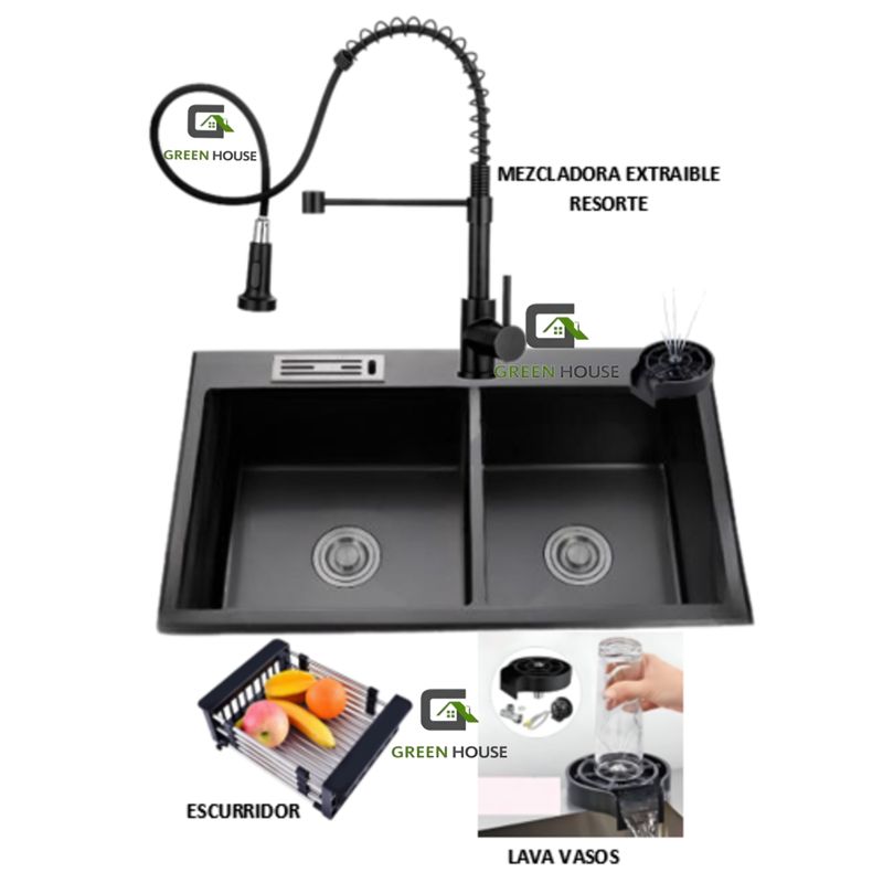 IMPORTADO MC - COMBO LAVADERO DE COCINA  2 POZAS + MEZCLADORA EXTRAIBLE RESORTE