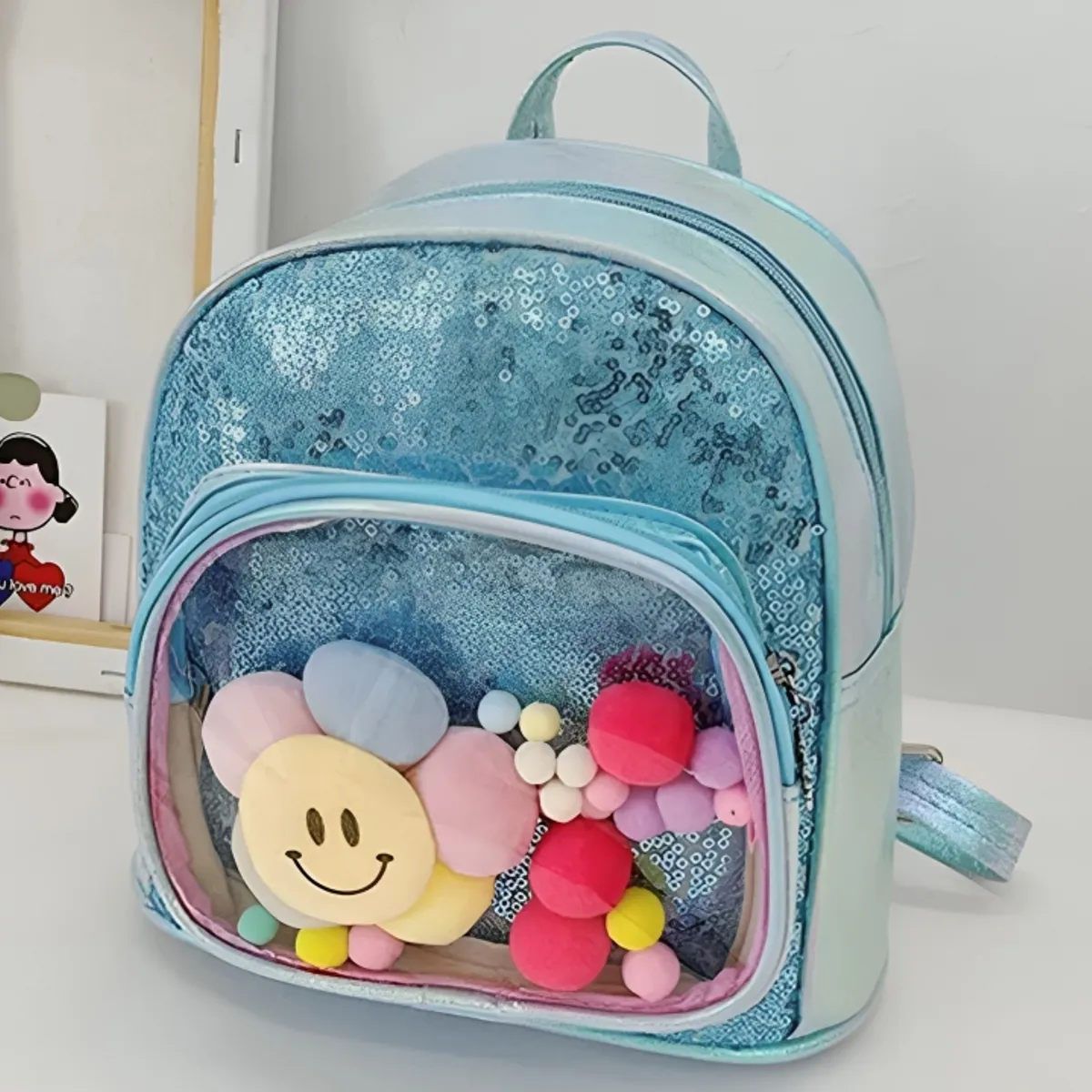 GENERICO - Mochila Kawaii Niñas Girasol Celeste