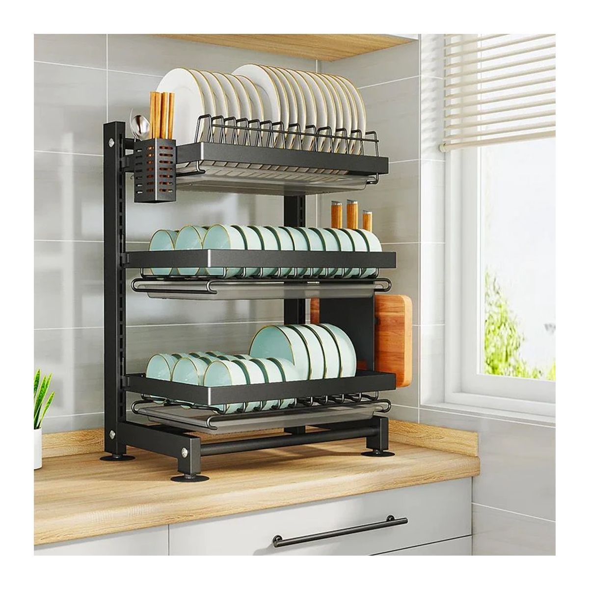 GRETAIL - Escurridor Platos Cocina Utensilio Bandejas Estante 3 Niveles Negro