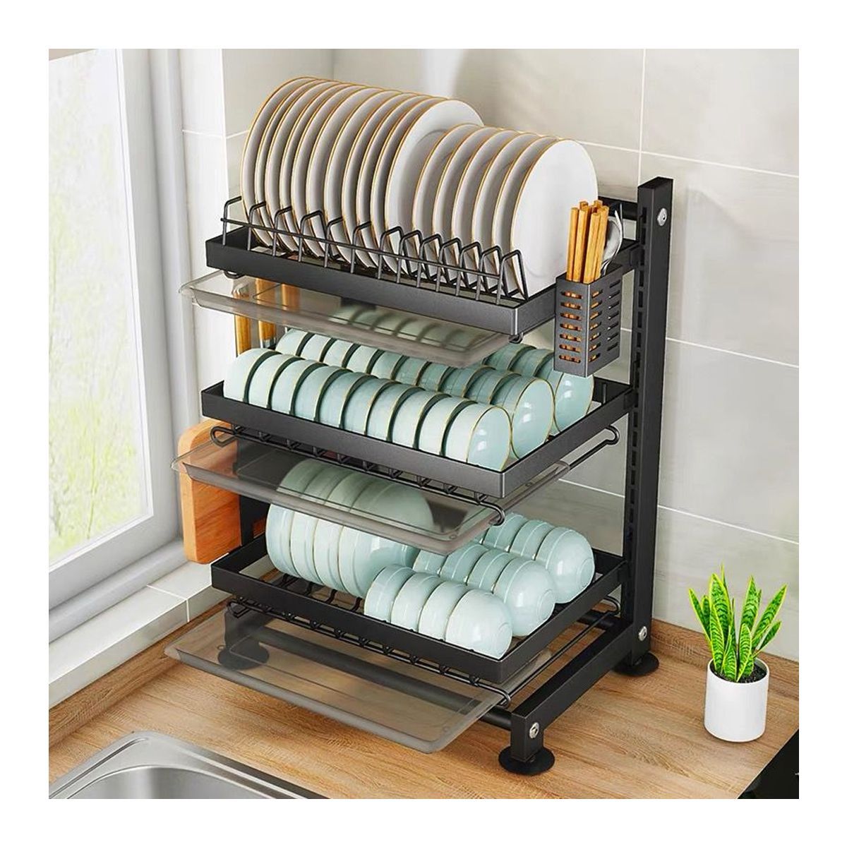 GRETAIL - Escurridor Platos Cocina Utensilio Bandejas Estante 3 Niveles Negro