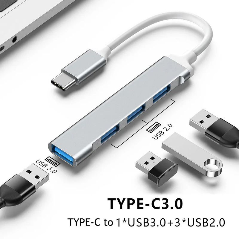 GENERICO - ADAPTADOR DE ALUMINIO HUB 4 PUERTOS TIPO C A USB 3.0 PARA PC LAPTOP
