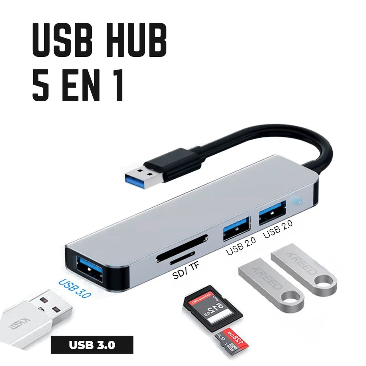 GENERICO - Adaptador USB 5 en 1 a Micro SD / TF y 3 Puertos USB