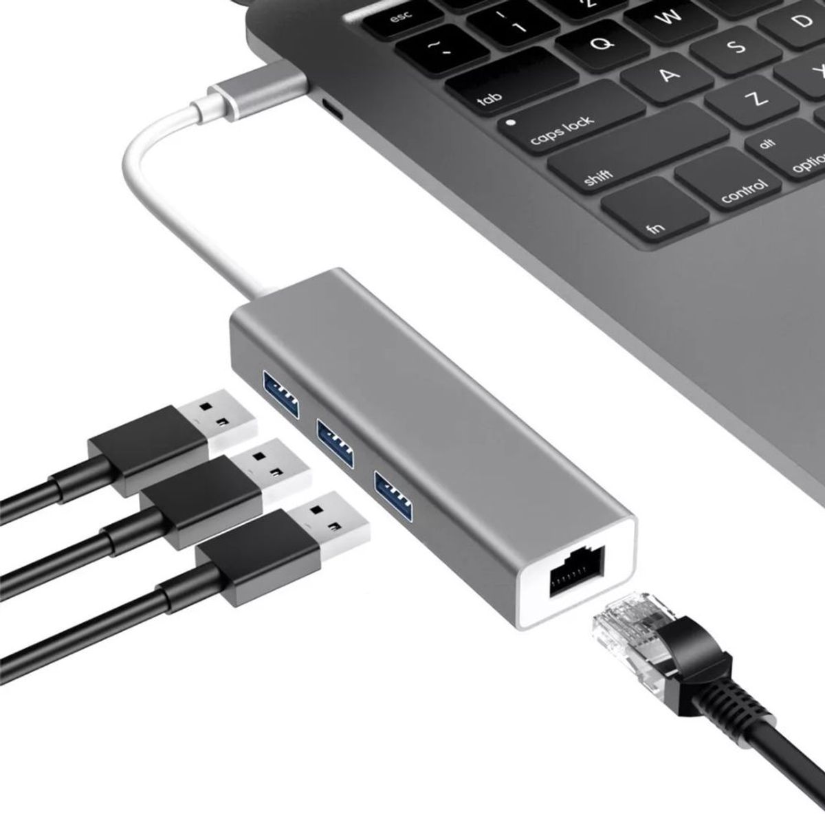 GENERICO - Adaptador Usb Tipo C A Red Rj45 Lan Ethernet + Hub 3 Usb