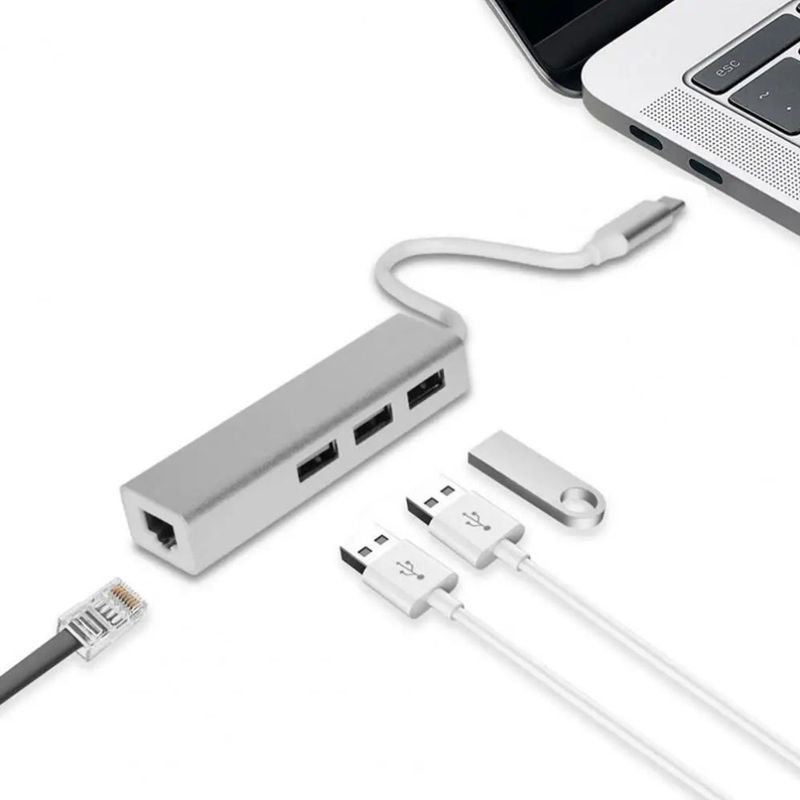 GENERICO - Hub Adaptador de Red Tipo C a Rj45 Gigabit con 3 Puertos USB 3.0