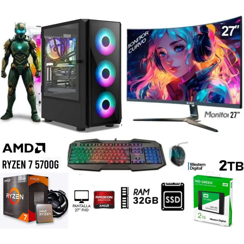 AMD - Computadora PC GAMER RYZEN 7-5700G Ram 32GB Disco Solido SSD 2TB MONITOR 27” FHD