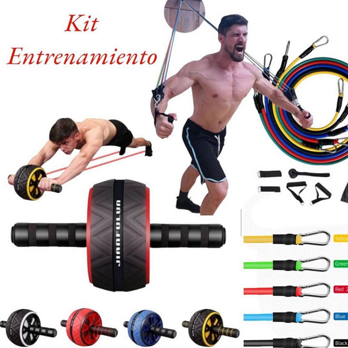 GENERICO - Set de 5 ligas resistencia elástica + Rueda Abdominal AB