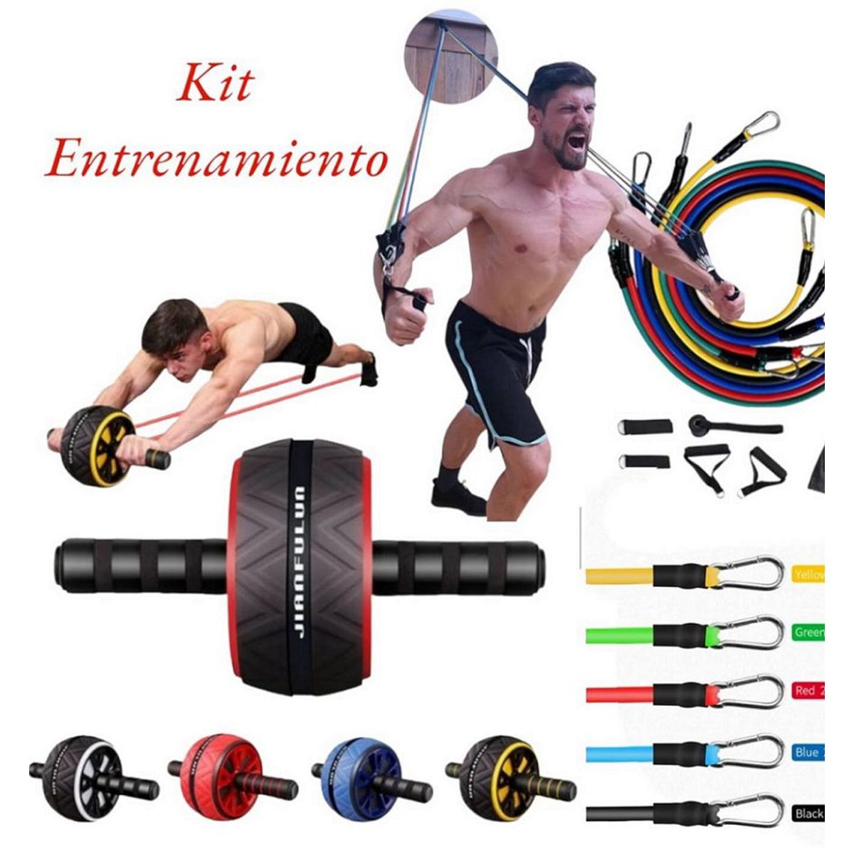 GENERICO - Set de 5 ligas resistencia elástica + Rueda Abdominal AB