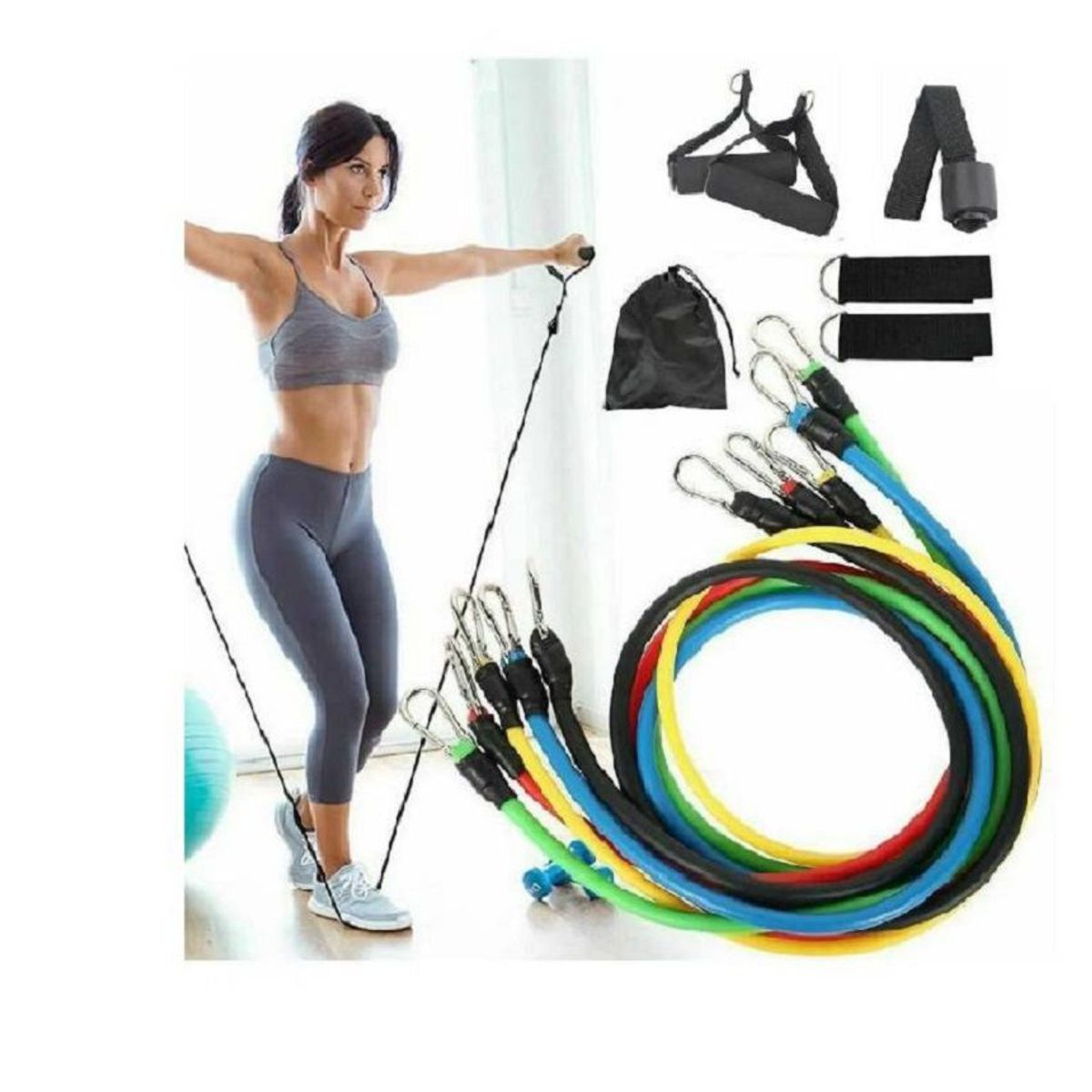 GENERICO - Set de 5 ligas resistencia elástica + Rueda Abdominal AB