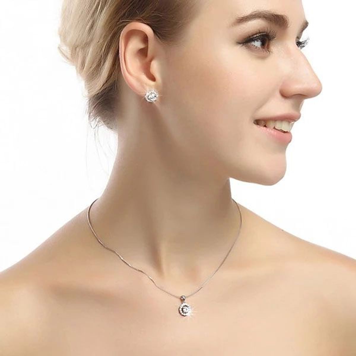 LA TIENDA 88 JOYAS Y ACCESORIOS - La Tienda 88 - Set Collar y Aretes Mujer Cristal Redondo - Blanco