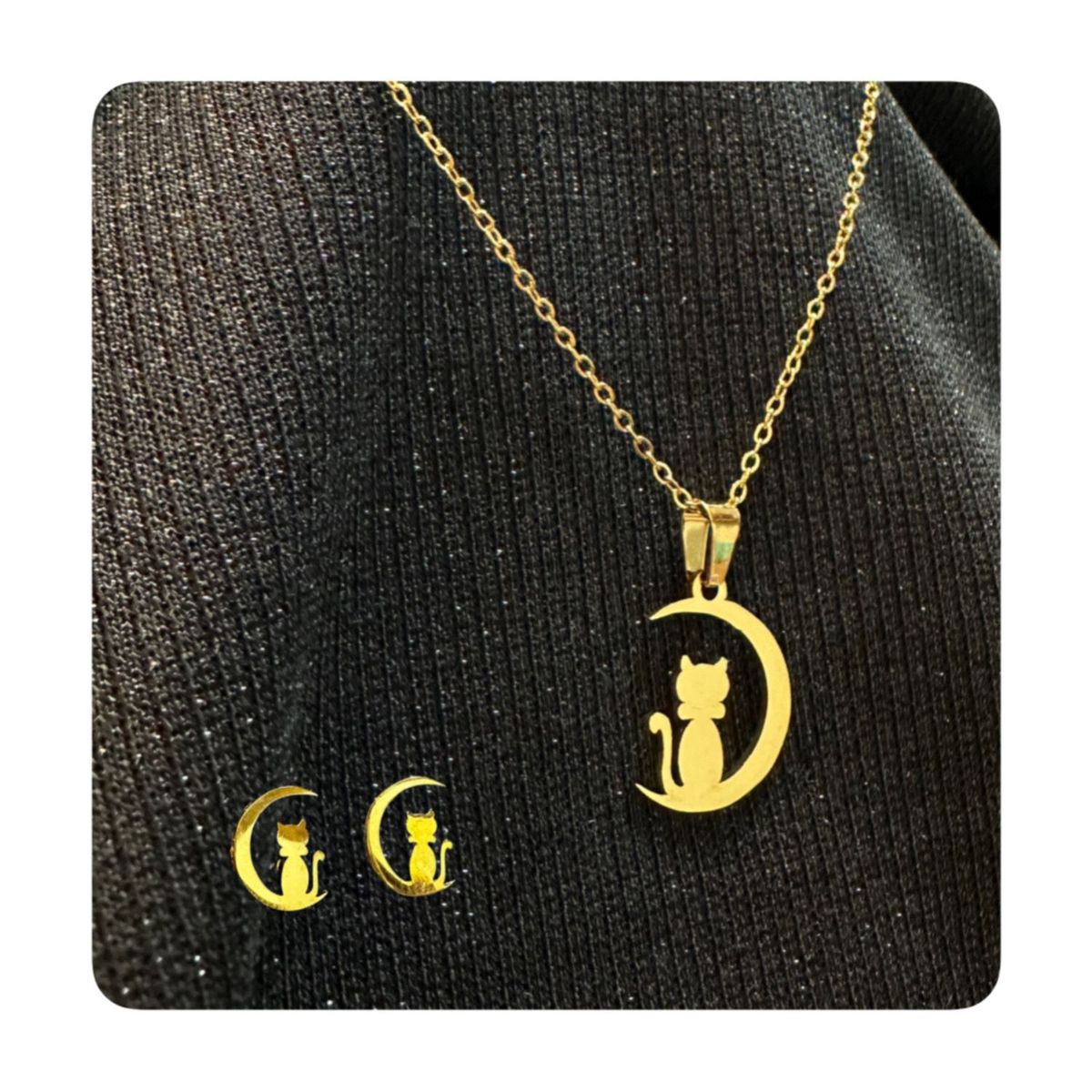 GENERICO - Pack Acero Collar con dije y Aretes - Gato en la Luna Dorado