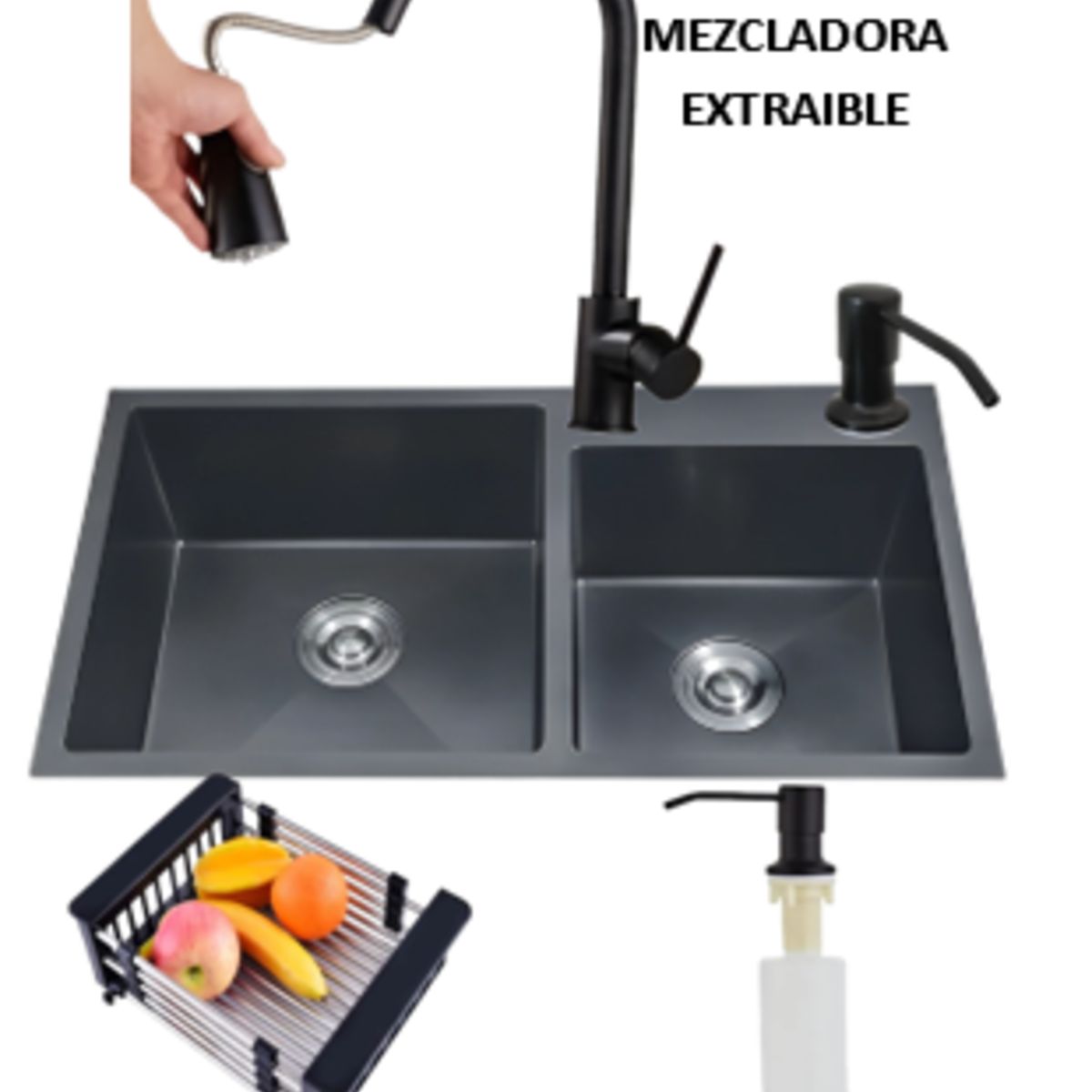 GENERICO - COMBO LAVADERO DE COCINA   NEGRO 2 POZAS + MEZCLADORA EXTRAIBLE