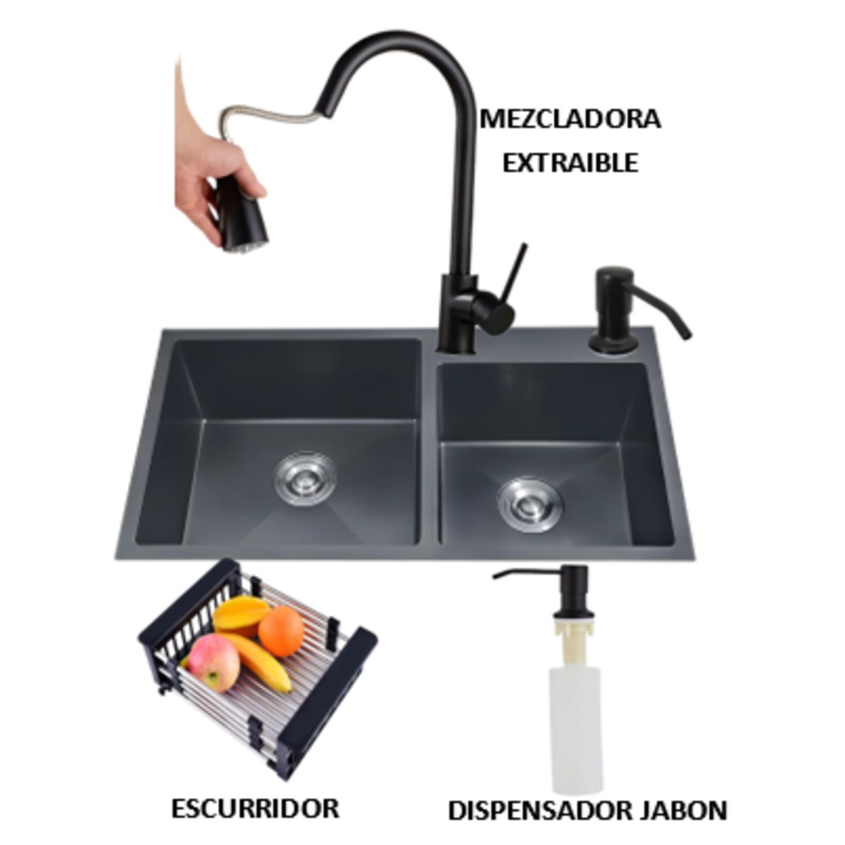 GENERICO - COMBO LAVADERO DE COCINA   NEGRO 2 POZAS + MEZCLADORA EXTRAIBLE