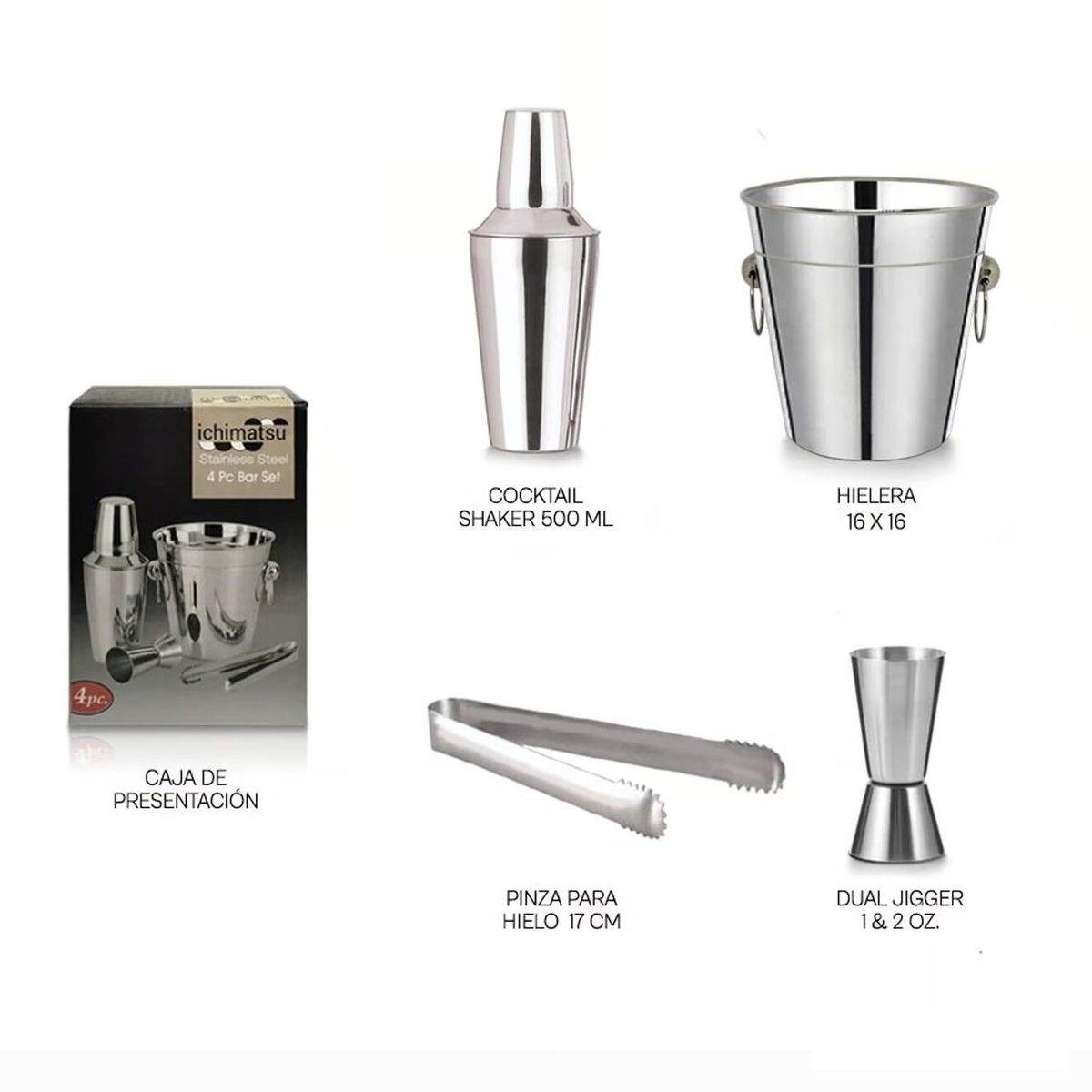 GENERICO - Set de bar 4 piezas acero inoxidable