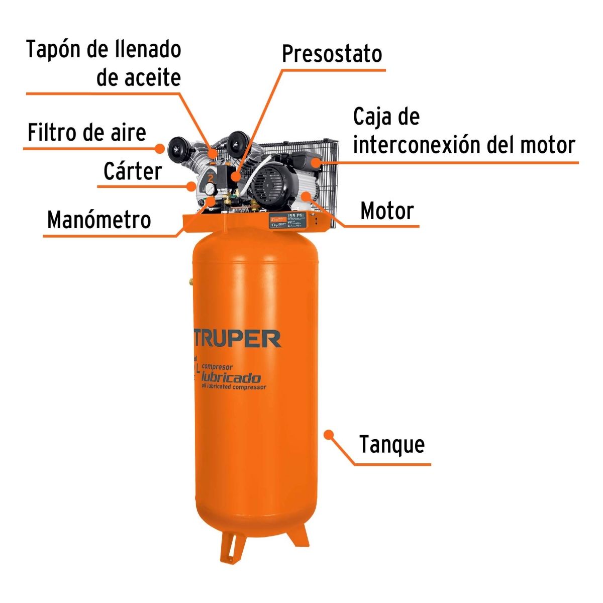 TRUPER - Compresor de Aire con Banda Vertical de 240 litros 4HP 220V, Truper