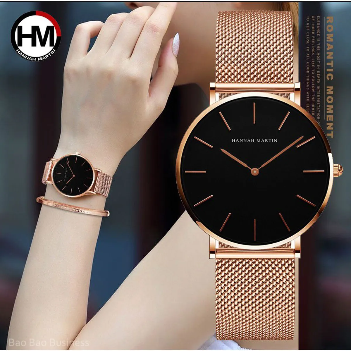 HANNAH MARTIN - Reloj Metal Mujer Análogo Negro Rosa Acero Inoxidable Hannah Martin