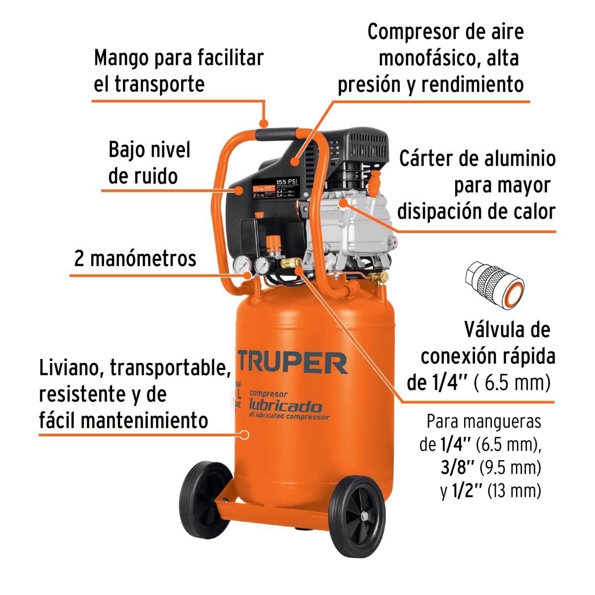 TRUPER - Compresor vertical 50 L, 3-1/2 HP (potencia máxima), 220 V, Truper