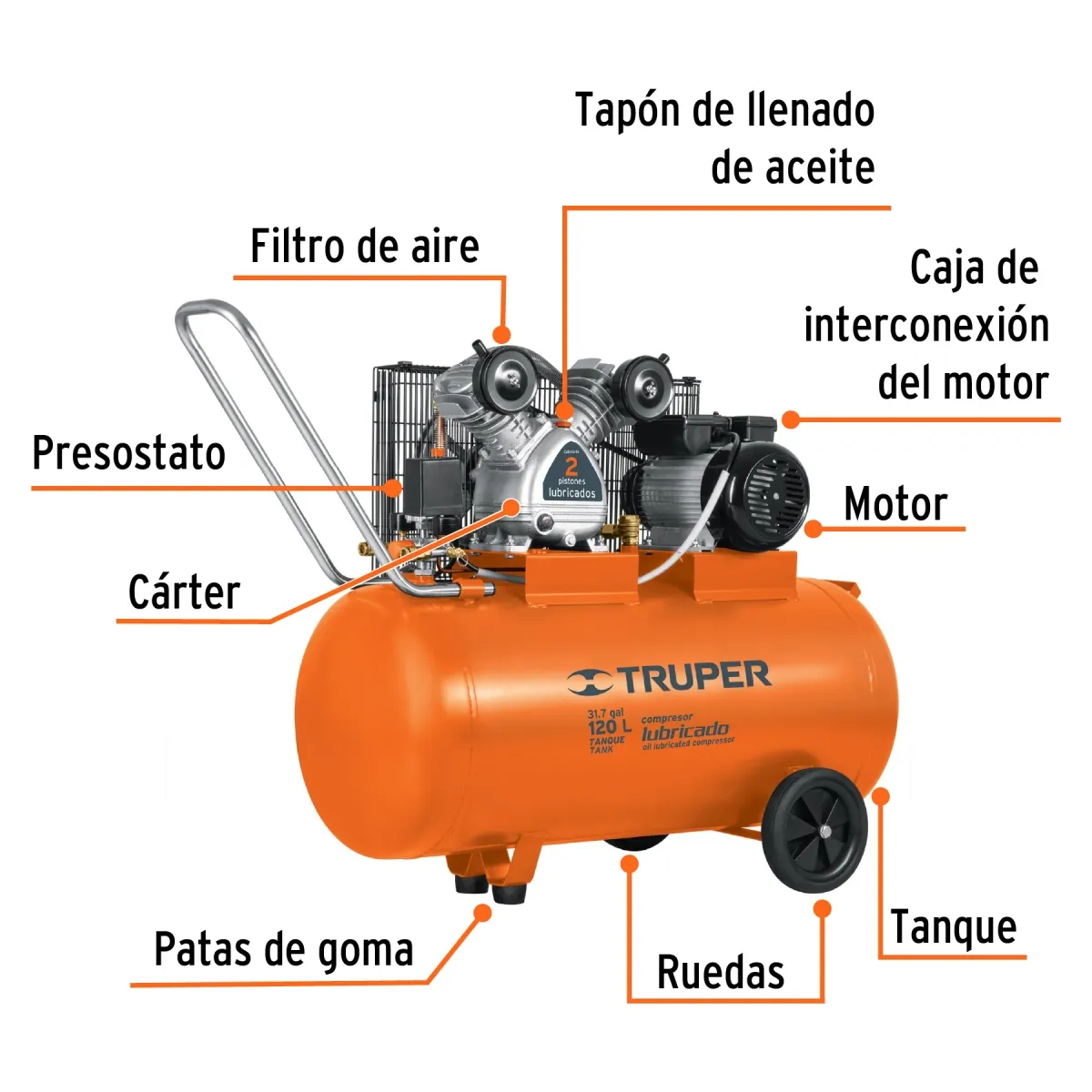 TRUPER - Compresora lubricada de banda, horizontal, 120 L, Truper