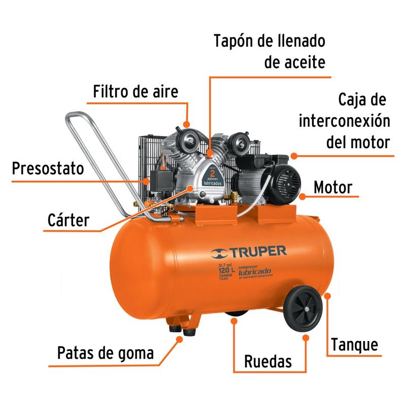 TRUPER - Compresora lubricada de banda, horizontal, 120 L