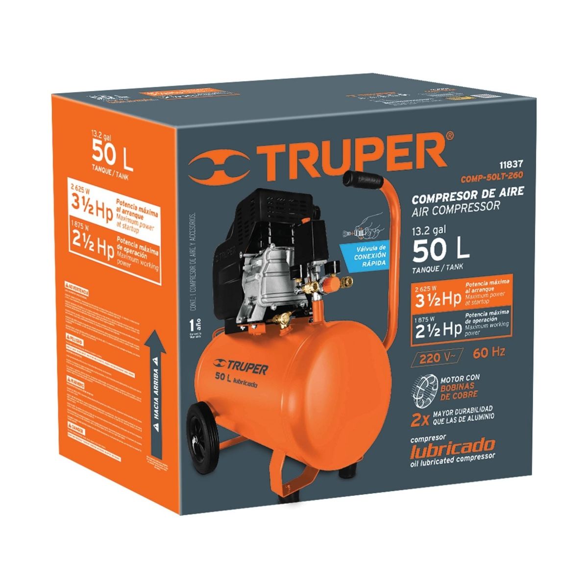 TRUPER - Compresor Lubricado de Aire, 50 litros, 220 V/60 Hz, Truper