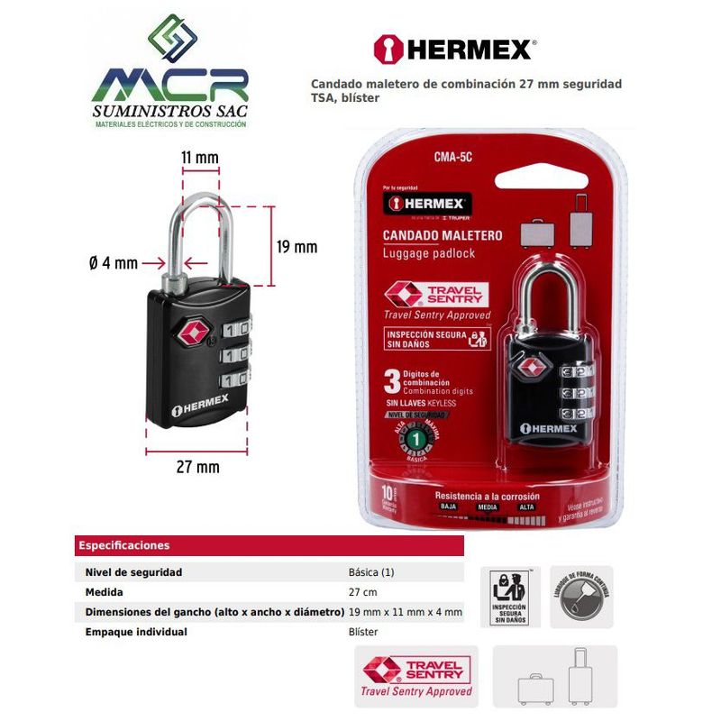 HERMEX - CANDADO MALETERO DE COMBINACION METAL 27mm LOCKERS HERMEX