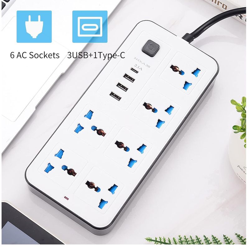 OEM - Enchufe Tomacorriente Múltiple 6 Tomas + 3 Puertos USB + 1 Type C