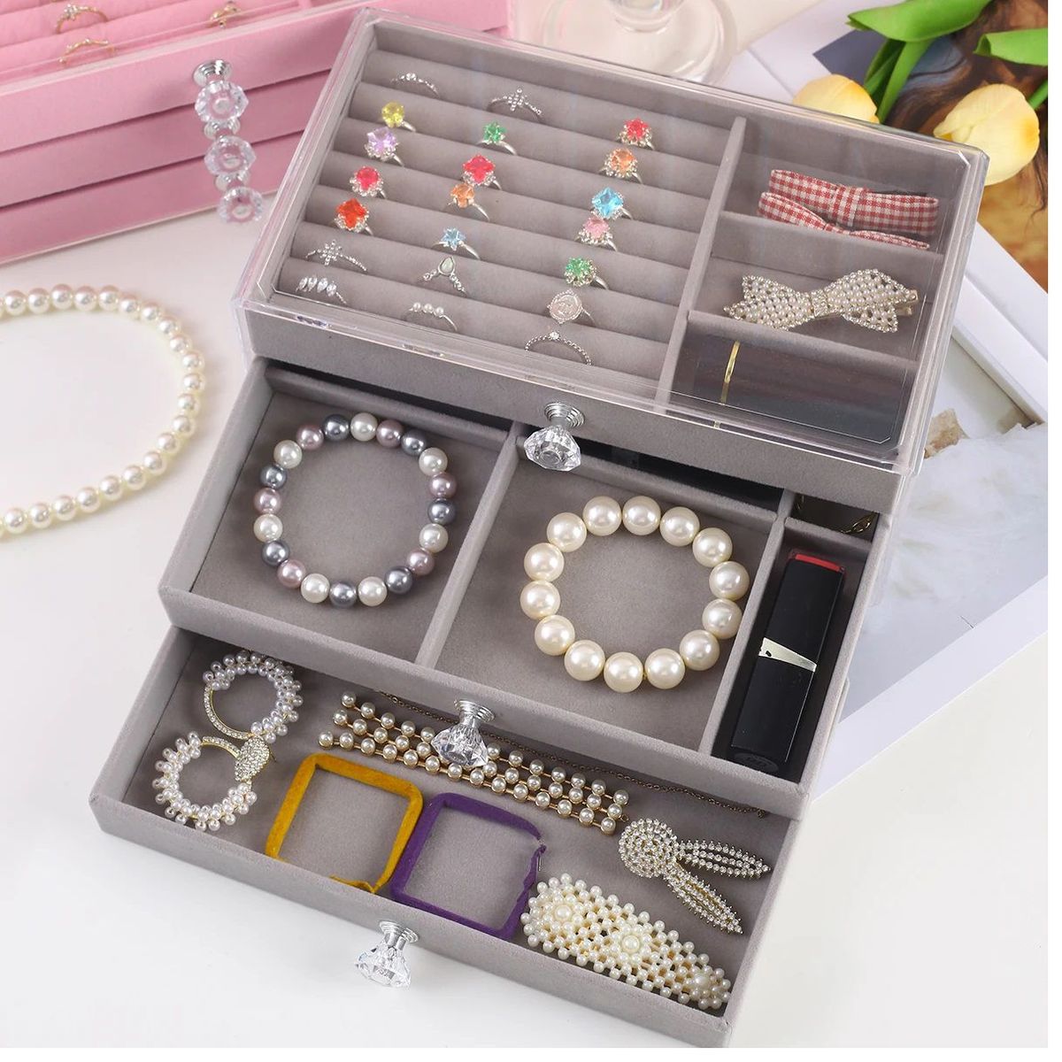 OEM - Organizador de joyas de tres capas cajón transparente