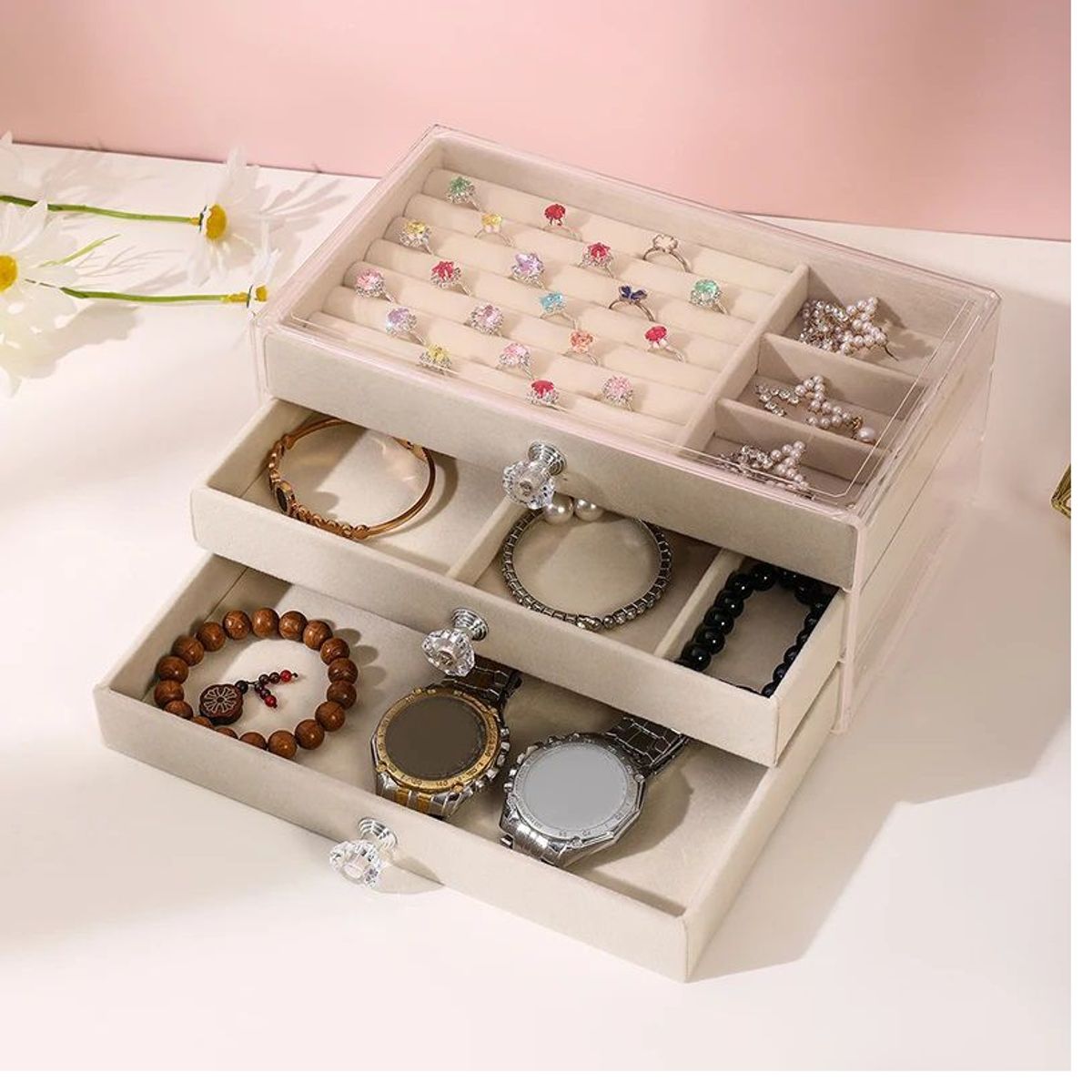 OEM - Organizador de joyas de tres capas cajón transparente