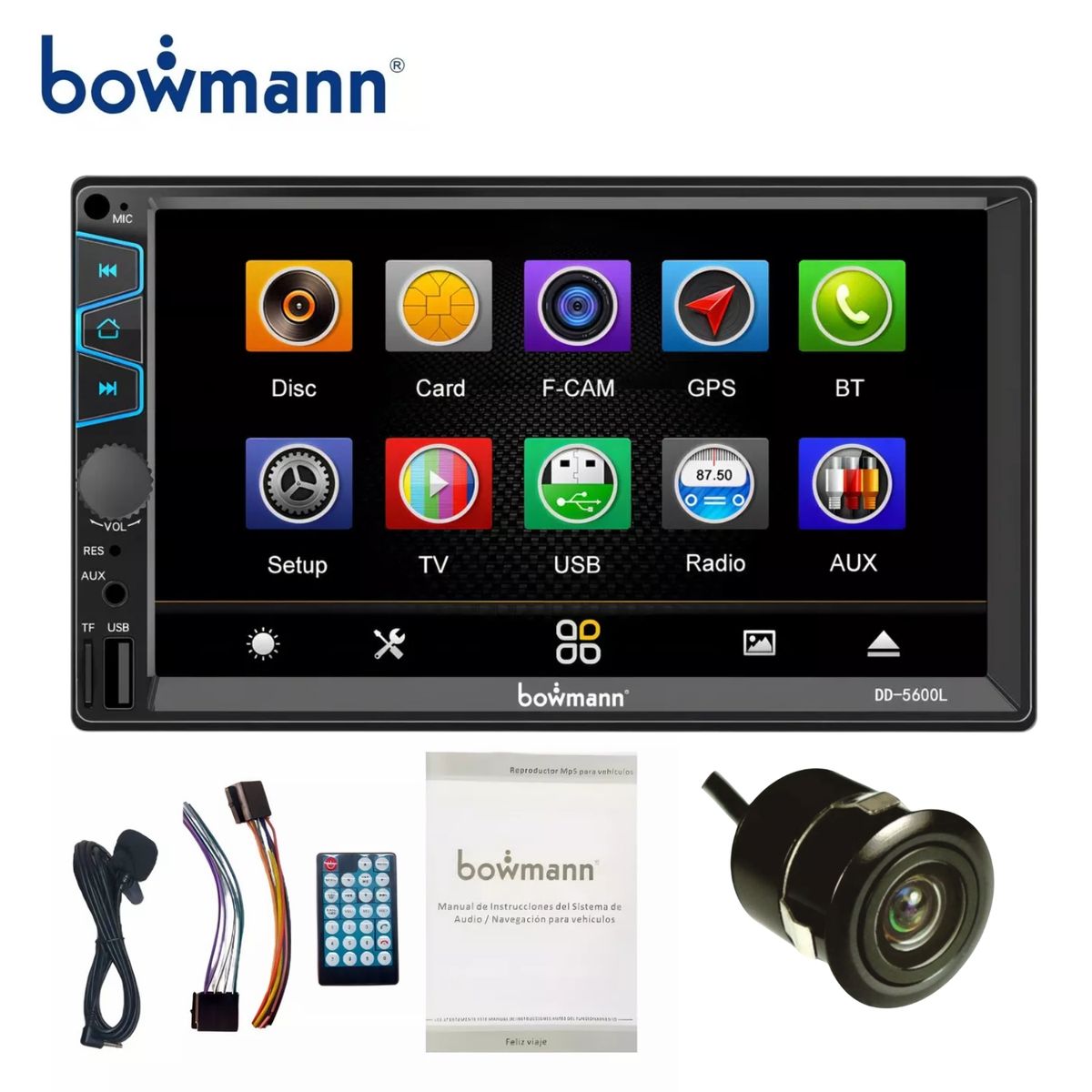 BOWMANN - Autoradio Mirrorlink 2 Din 7" Táctil HD BT BOWMANN DD-5600L + Cámara