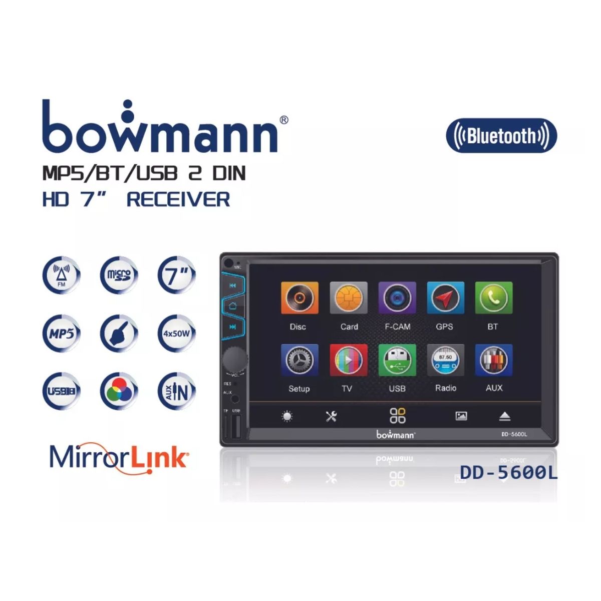 BOWMANN - Autoradio Mirrorlink 2 Din 7" Táctil HD BT BOWMANN DD-5600L + Cámara