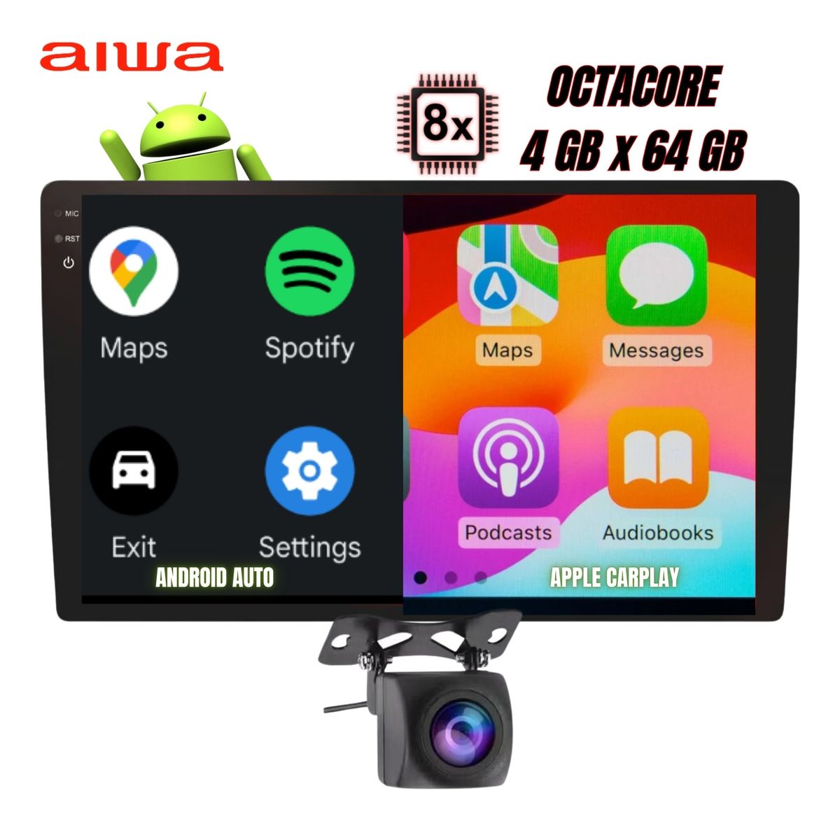 AIWA - Autoradio Android Aiwa Octacore 4GB x 64GB 9 BT Carplay + Cam AW-2K-A