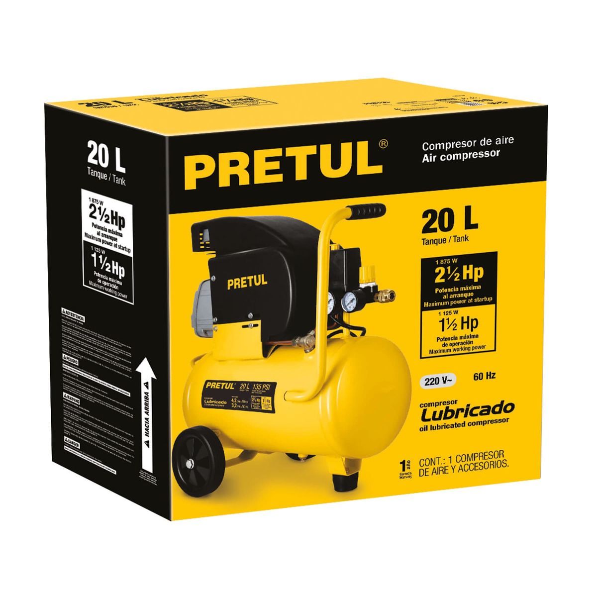 PRETUL - Compresor, 20 L, 2-1/2 Hp (potencia máxima ), 220V, 60Hz, Pretul