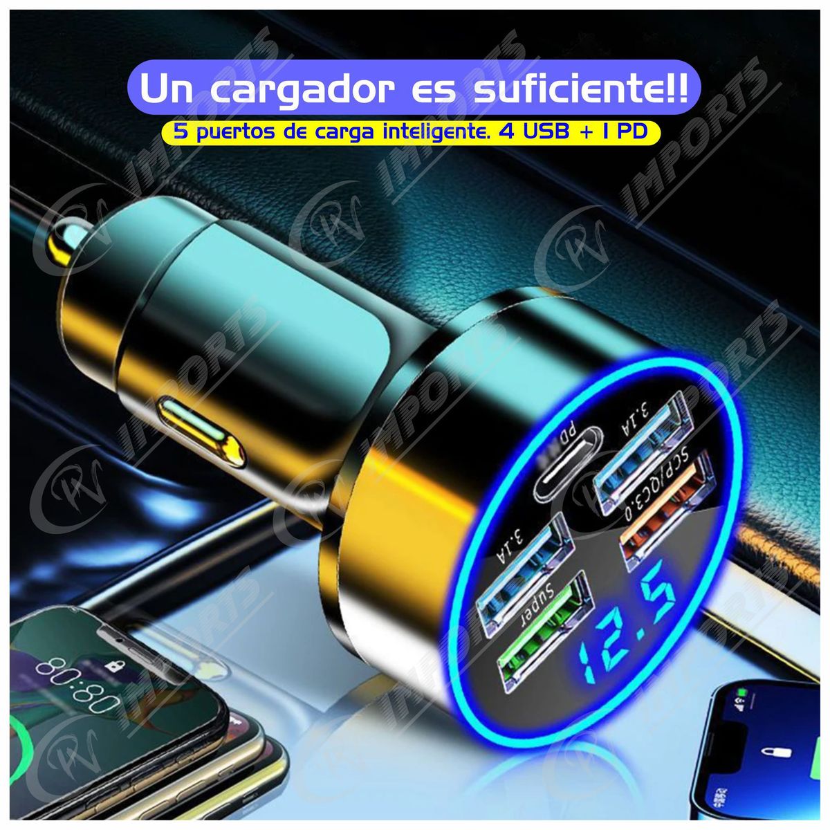 GENERICO - 5 puertos Cargador para Auto USB Medidor Voltaje