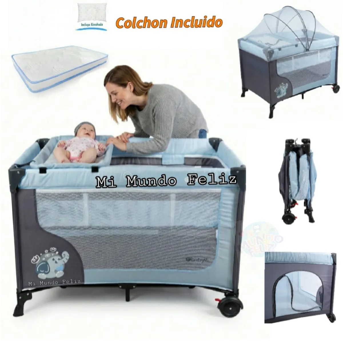 EBABY - Cuna Corral para Bebe Mosquitero Skyblue  Colchon