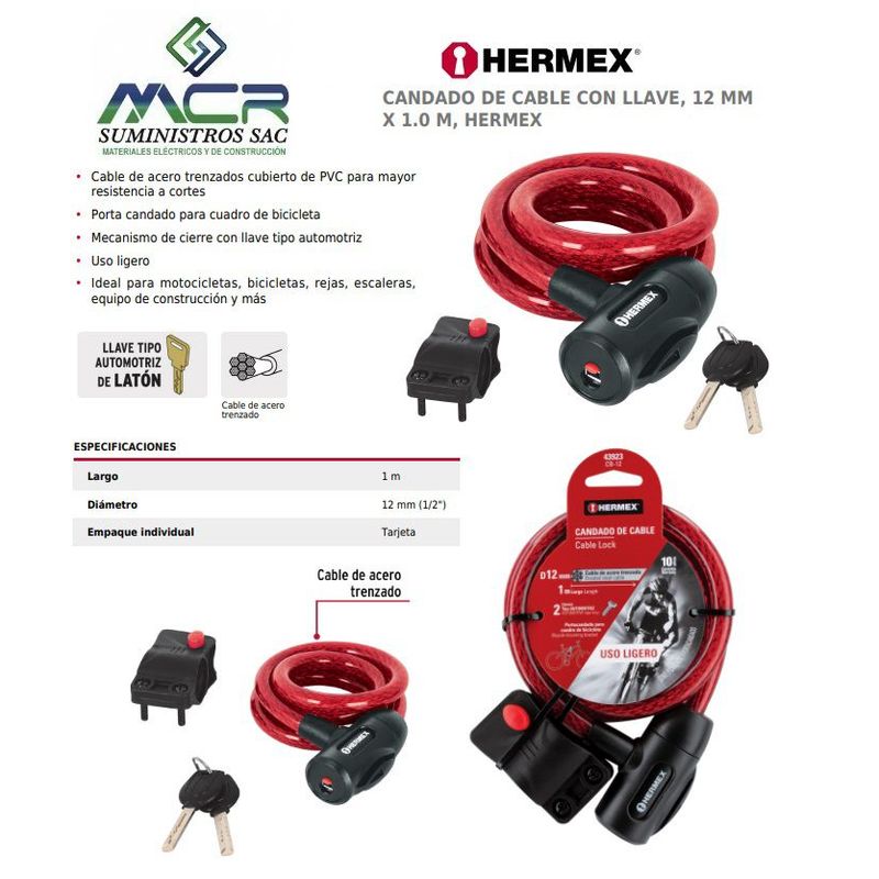 HERMEX - CANDADO DE CABLE ACERO 1metro 12mm BICICLETAS MOTOS HERMEX