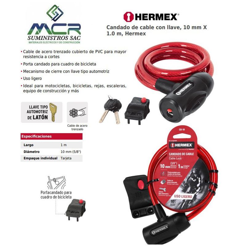 HERMEX - CANDADO DE CABLE ACERO 1metro 10mm BICICLETAS MOTOS HERMEX