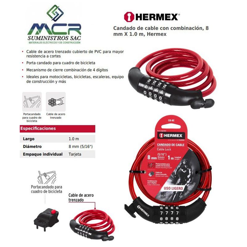 HERMEX - CANDADO DE CABLE ACERO DE COMBINACION 8mm 1metro HERMEX