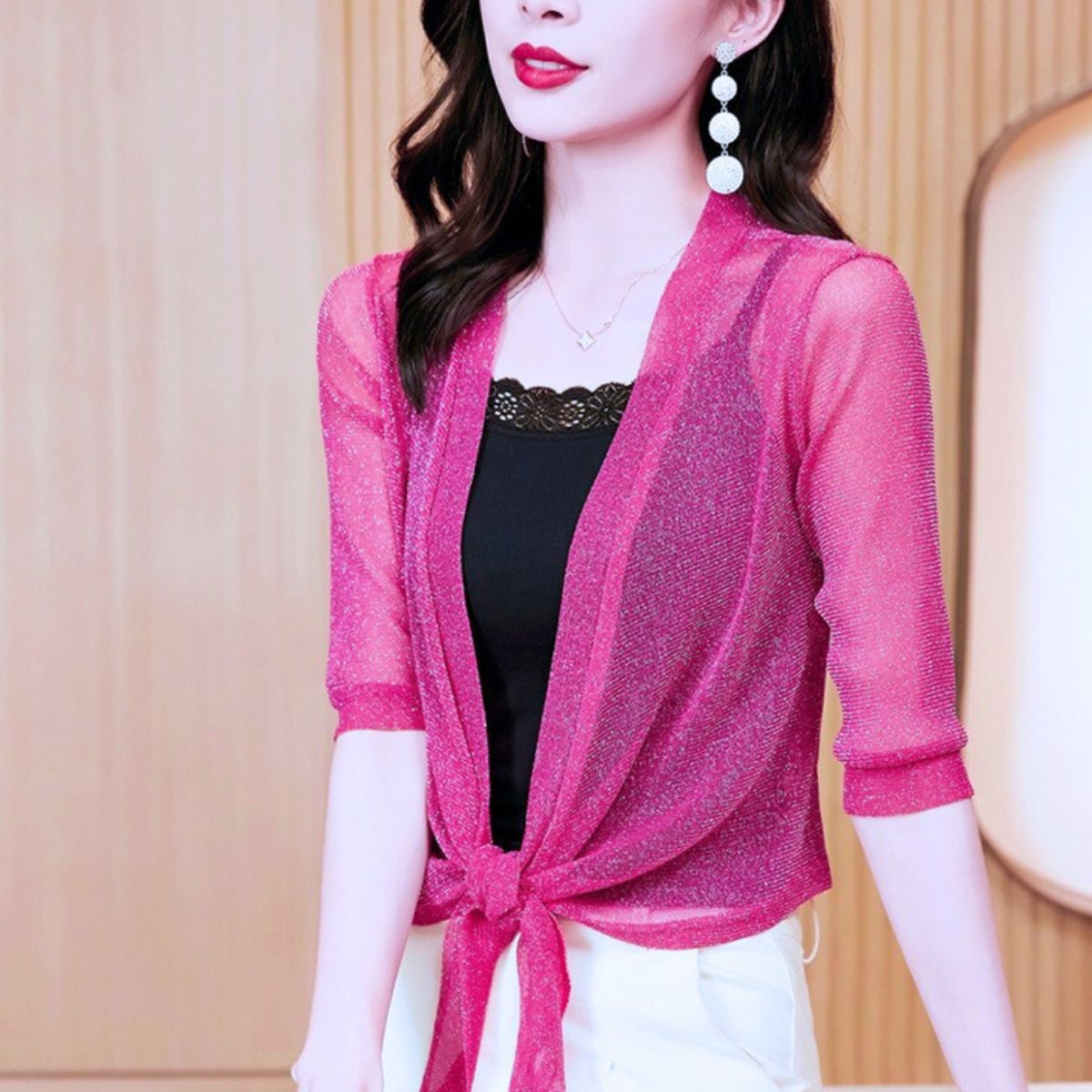 KAST PE - Cardigan de Fiestas Para Mujer Modelo Escarchado FUCSIA