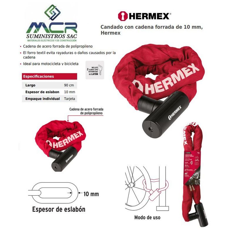 HERMEX - CANDADO METALICO CON CADENA 90cm 10mm CON LLAVE HERMEX