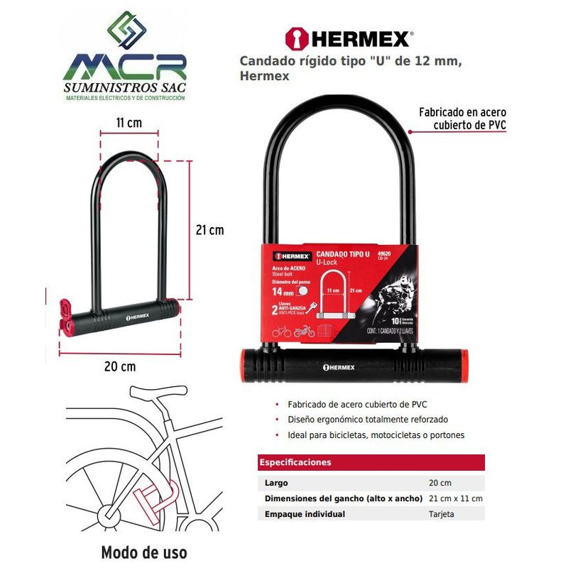 HERMEX - CANDADO TIPO U 12mm PARA BICICLETAS MOTOS CON LLAVE HERMEX