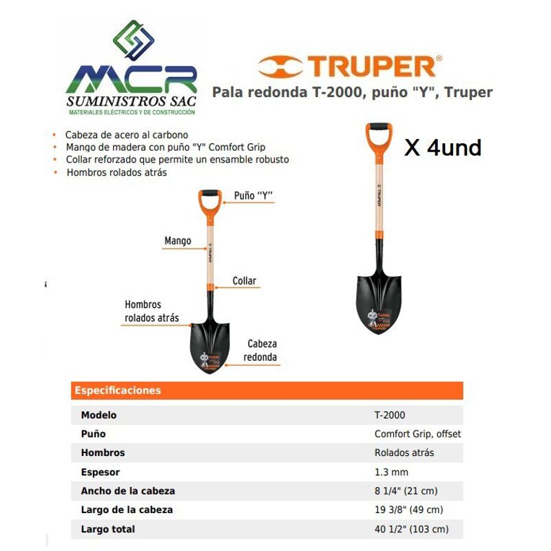 TRUPER - Pala O LAMPA MINERA redonda T-2000 con puño Y 4und Truper