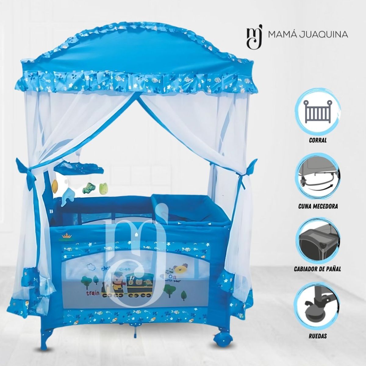 KINGDOM - Cuna Corral Kingdom «MAJESTIC ARABIC» 2 en 1 Light Blue