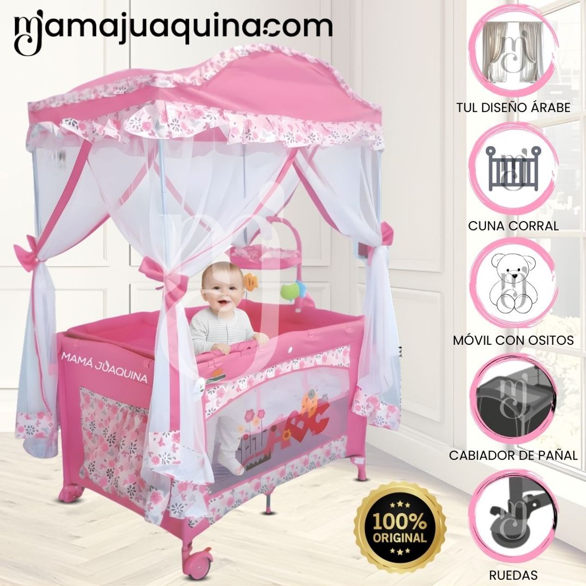 KINGDOM - Cuna Corral Kingdom «MAJESTIC ARABIC» 2 en 1 Pink