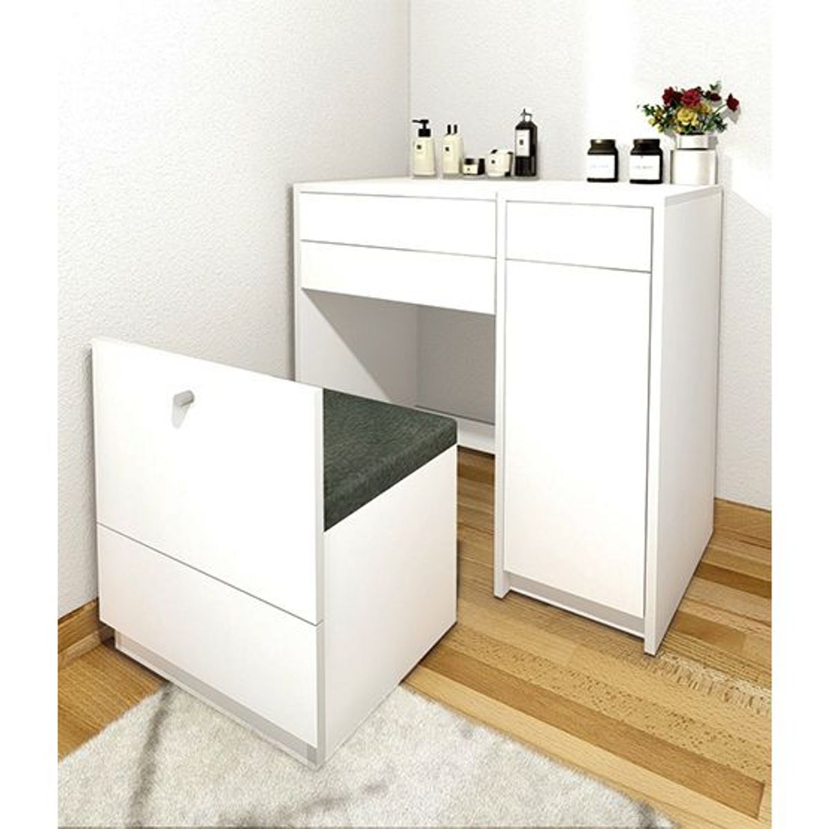 BARAKA HOME - Tocador Joyero Espejo Hov Puerta Lateral Puff - Blanco