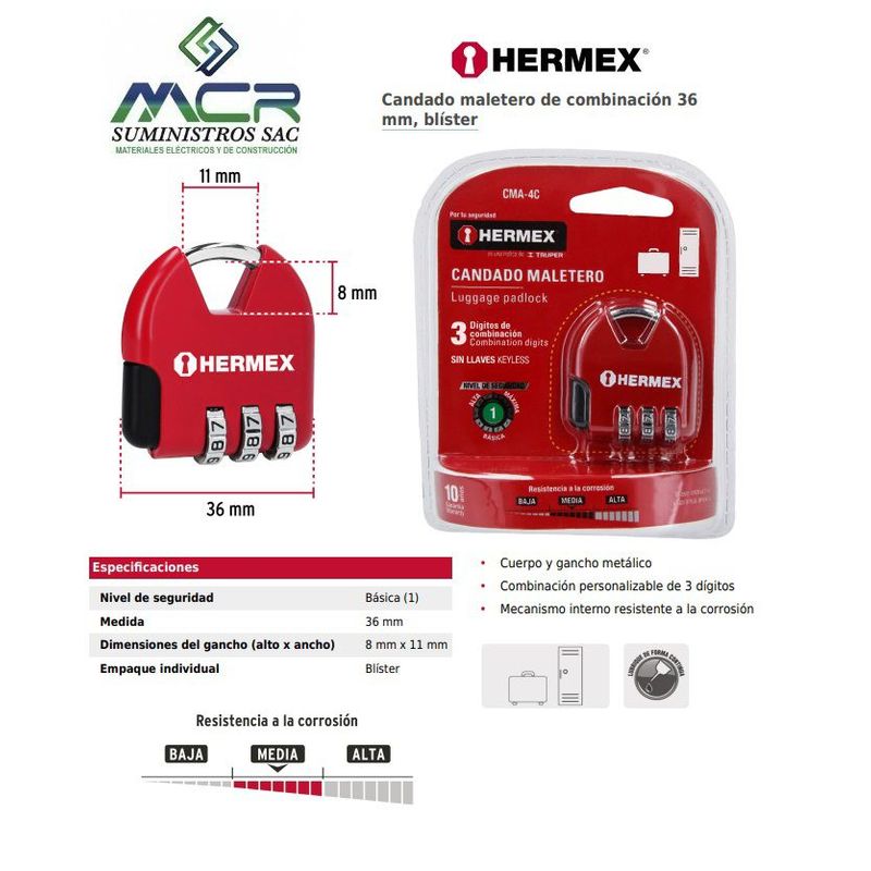 HERMEX - CANDADO MALETERO DE COMBINACION LOCKERS 36mm 3 DIGITOS HERMEX