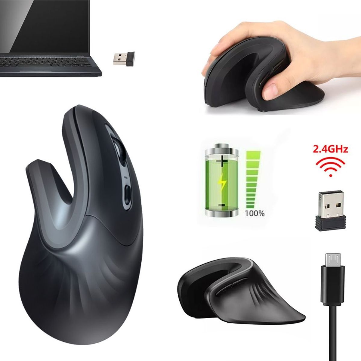 GENERICO - Mouse Vertical Inalambrico Ergonómico 1600 DPI USB 2.4Hz recargable